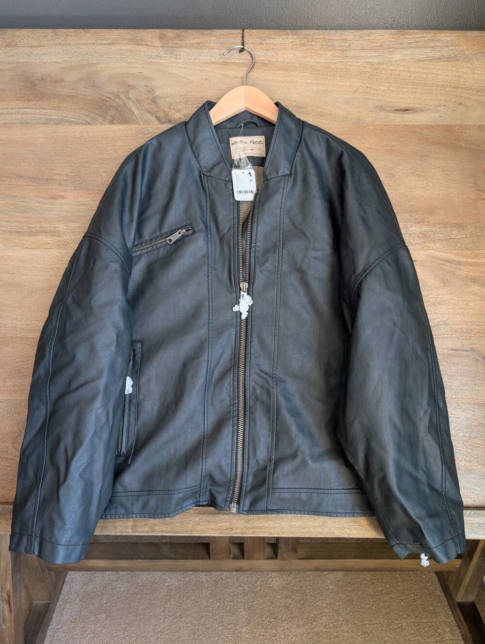 We The Free Vegan Leather Bomber Jacket Mens Medium Black Long Sleeve Zip Up NWT